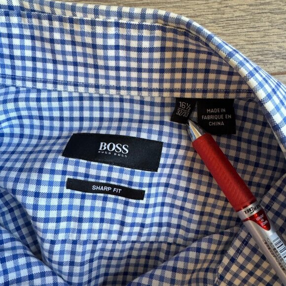 Hugo Boss Sharp Fit 16.5 16 1/2 Blue Plaid Dress Shirt 42 Men's 32/33 - Picture 10 of 11
